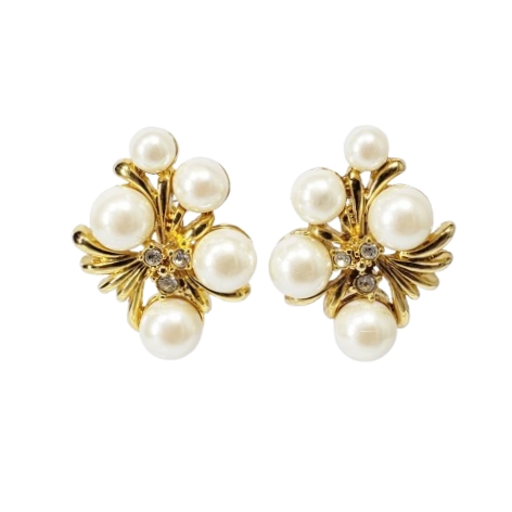 Elegant Pearl And Rhinestone Floral Cluster Clip Earrings Gold Tone 0016